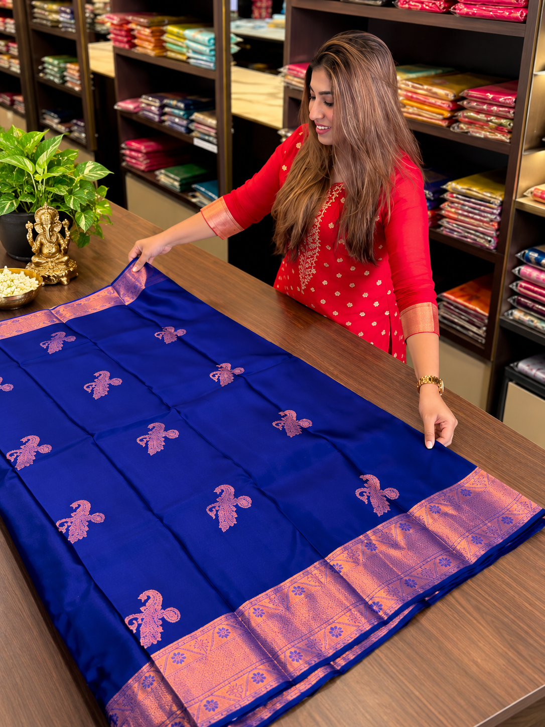 Royal Blue Soft Banarasi Silk Saree with Copper Zari Bird Motifs