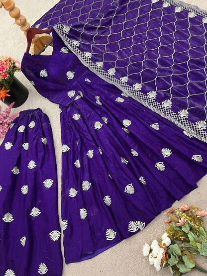 Royal Purple Fendy Silk Embroidered Anarkali Gown Set with Palazzo and Dupatta