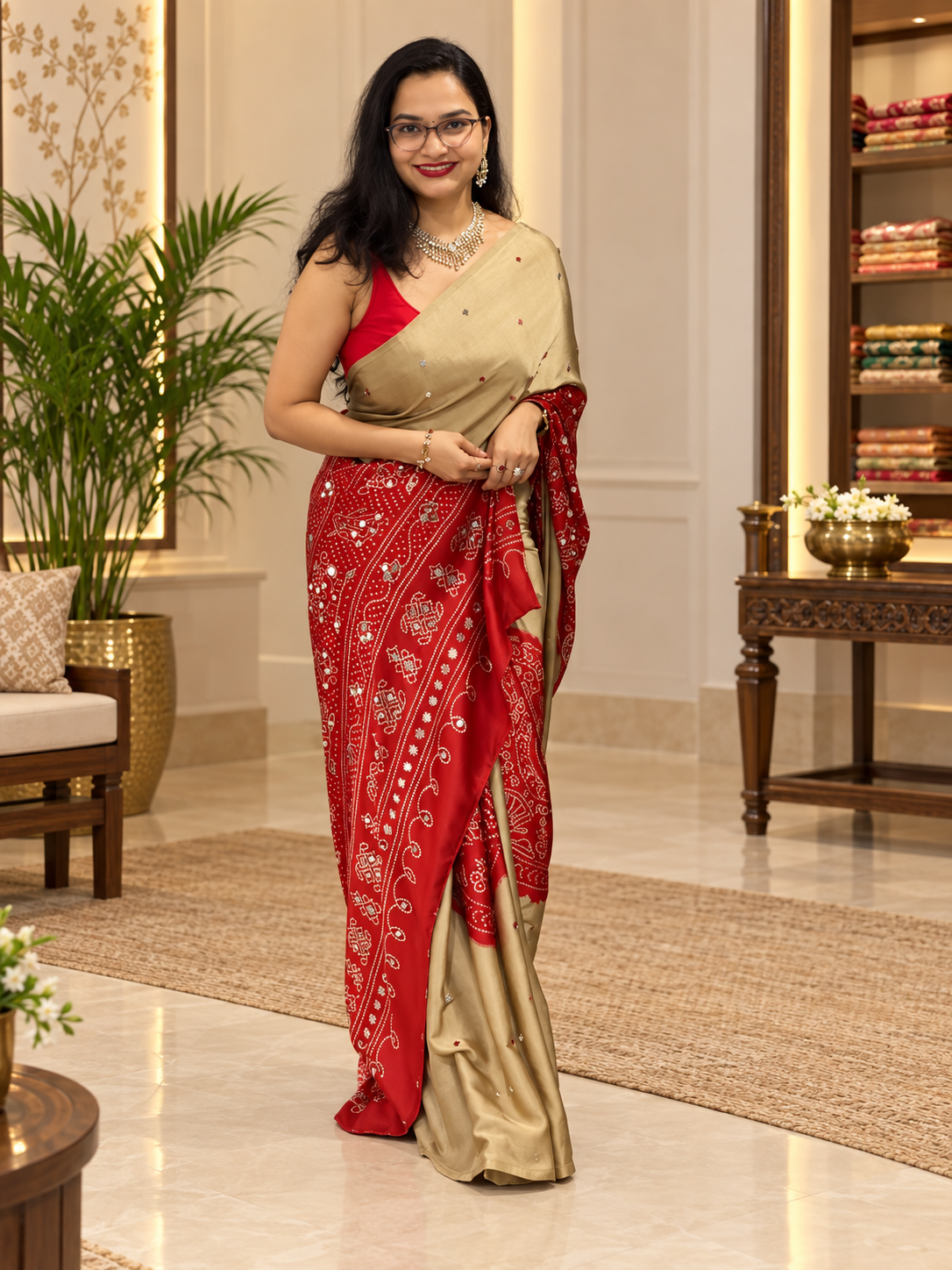 Traditional Beige & Red Pure Gajji Silk Saree with Real Mirror Work
