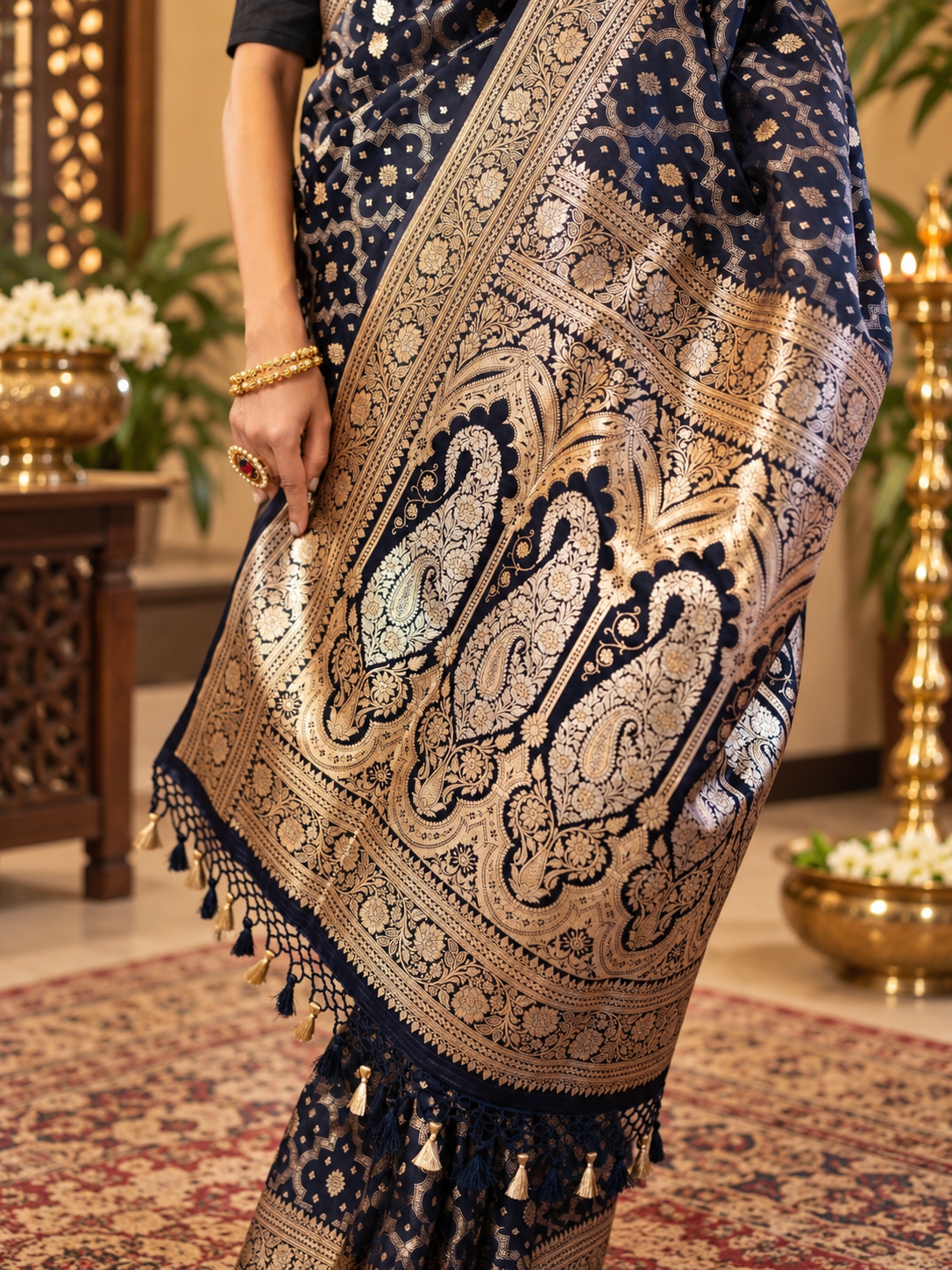 Festive Navy Blue Woven Soft Banarasi Silk Saree with Zari Border
