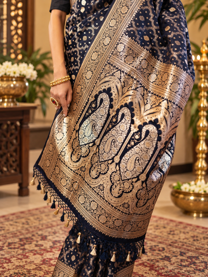 Festive Navy Blue Woven Soft Banarasi Silk Saree with Zari Border