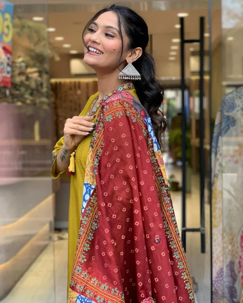 TREMENDOUS YELLOW BEAUTIFUL VISCOSE CHANDERI SUIT SET