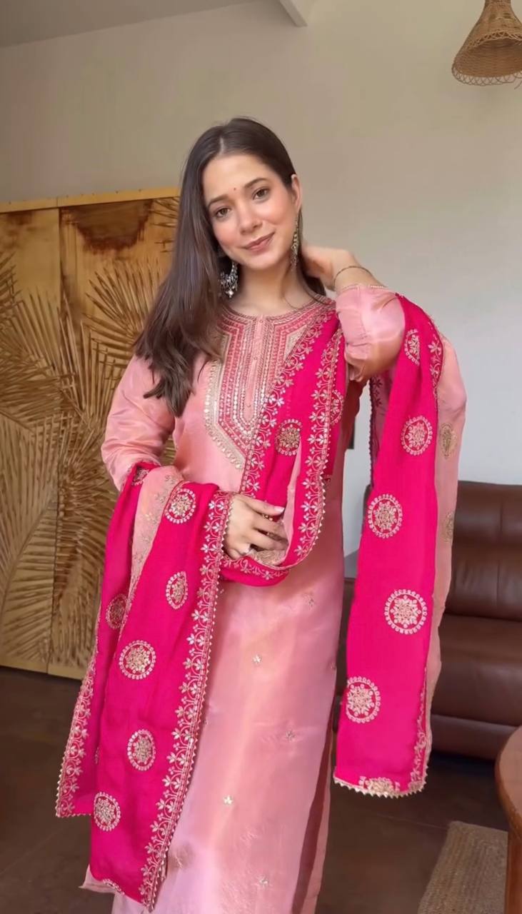 Very Gorgeous Fendy Silk Embroidery Sequence Suit Set