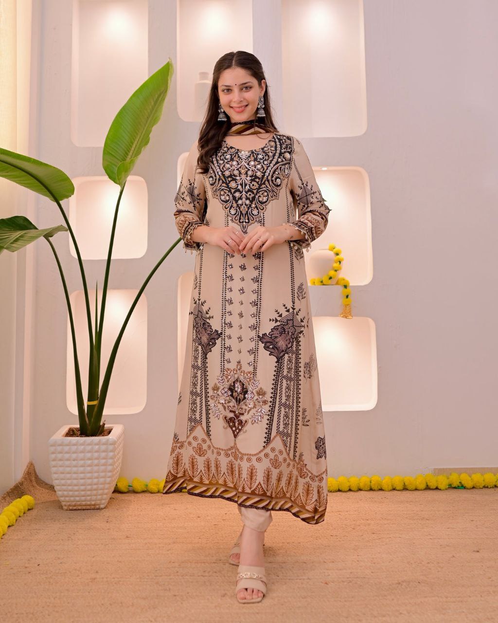 Dazzling Beige & Black Printed Pure Muslin Suit Set with Real Mirror Work