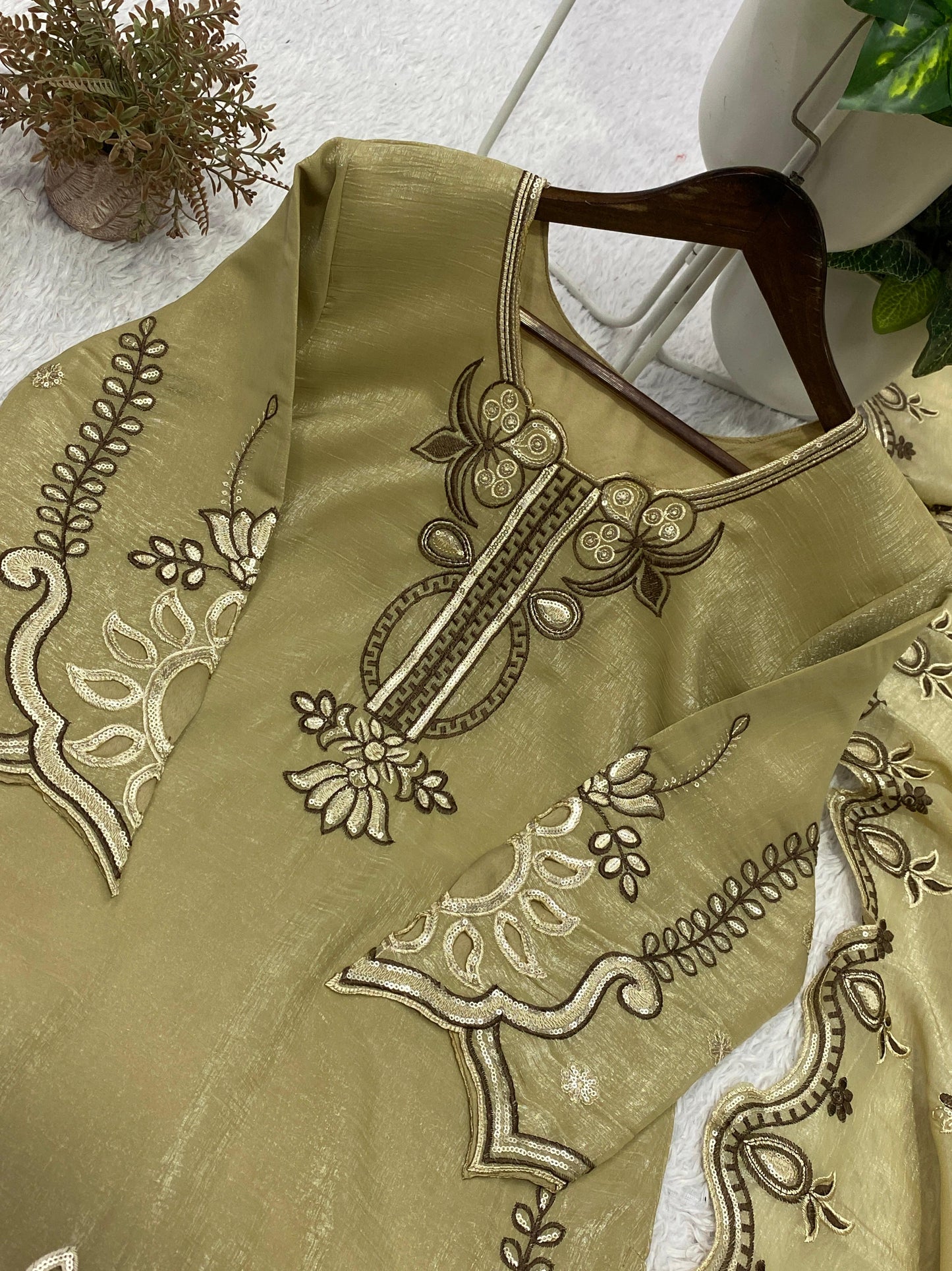 Elegant Olive Green Crunchy Silk Embroidered Suit Set with Organza Dupatta