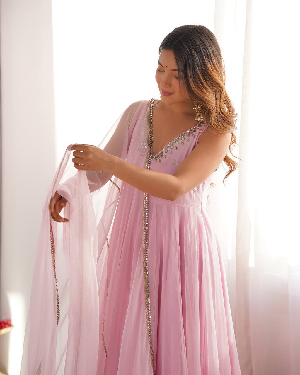 Blush Pink Faux Georgette Embroidered Anarkali Suit Set with Mirror Work Neckline