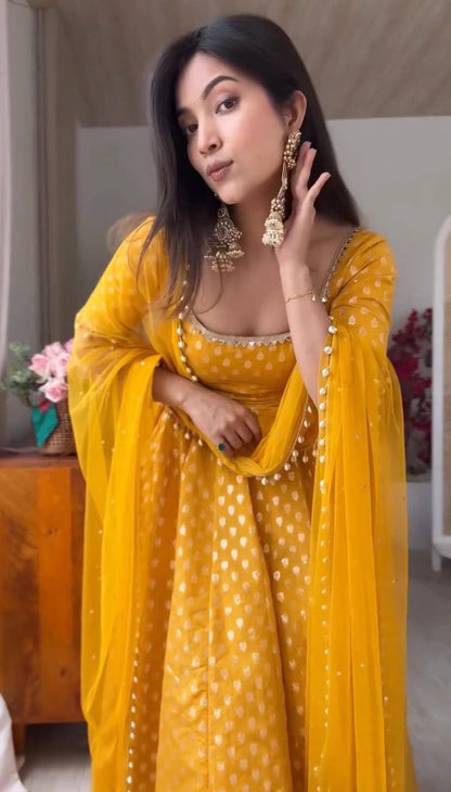 Elegant Mustard Yellow Chanderi Jacquard Anarkali Suit Set with Mirror Work
