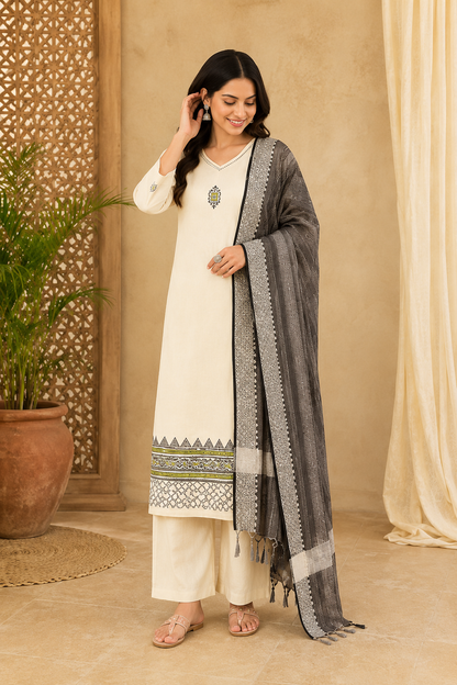 Premium Heritage Khadi Cotton Embroidery Suit Set With Real Mirror Work