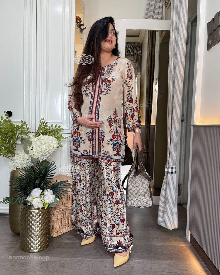 Elegant Floral Printed Soft Cotton Co-Ord Set with Wide-Leg Palazzo Pants