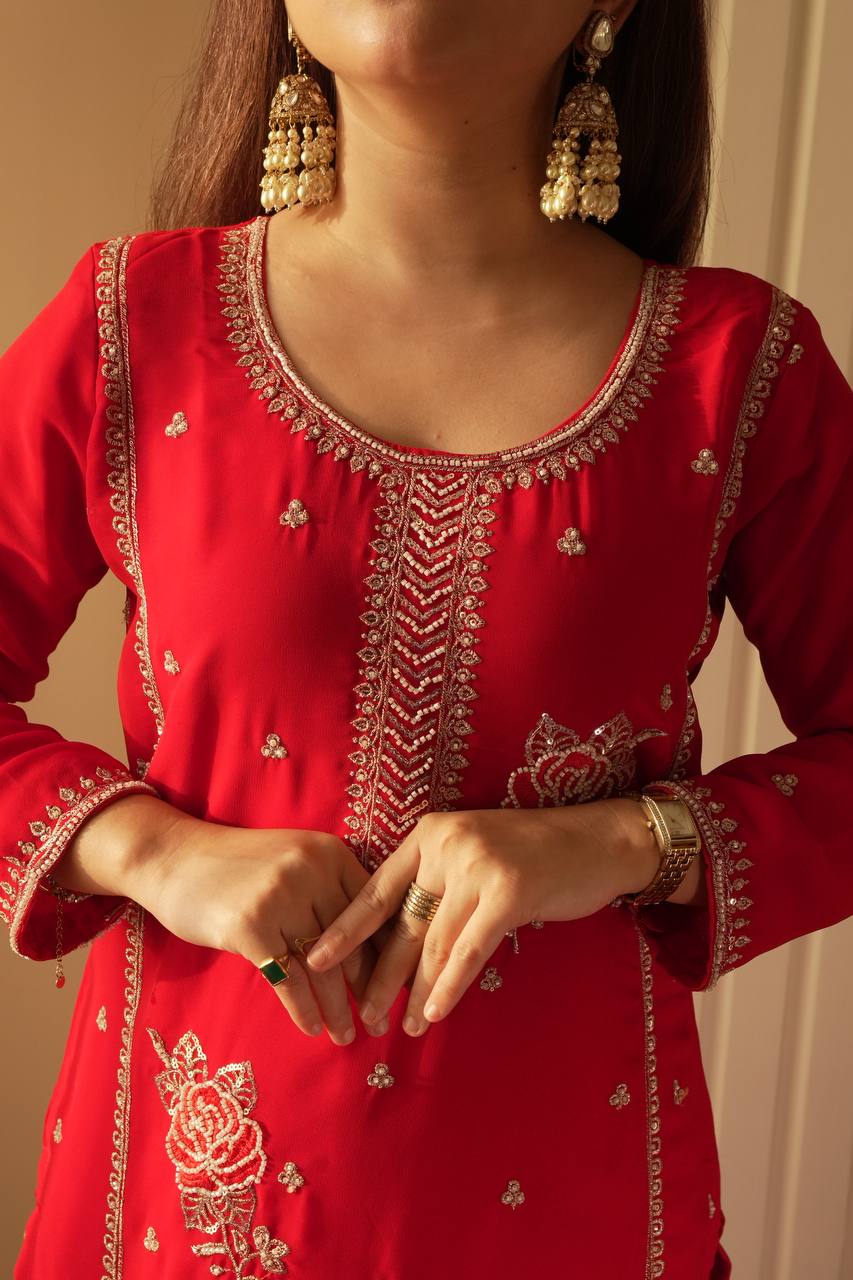 Festive Red Fox Georgette Designer Suit Set with Pearl Accent Dupatta