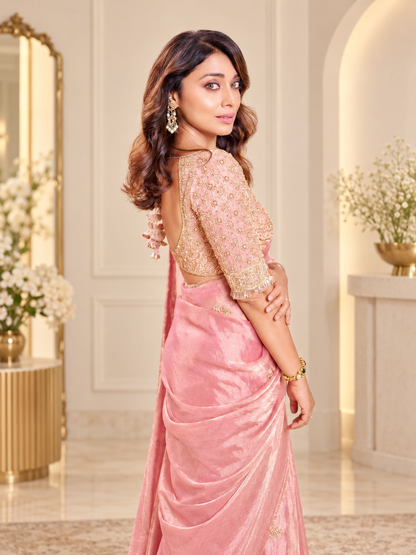 Elegant Onion Pink Pearl Work Salsa Silk Saree