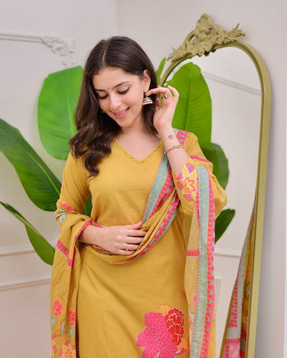 Designer Mustard Yellow Muslin Silk Suit Set with Premium Digital Floral Print