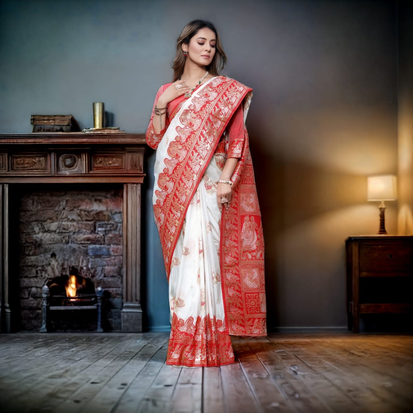 White & Red Soft Banarasi Silk Saree With Zari Weaving Work