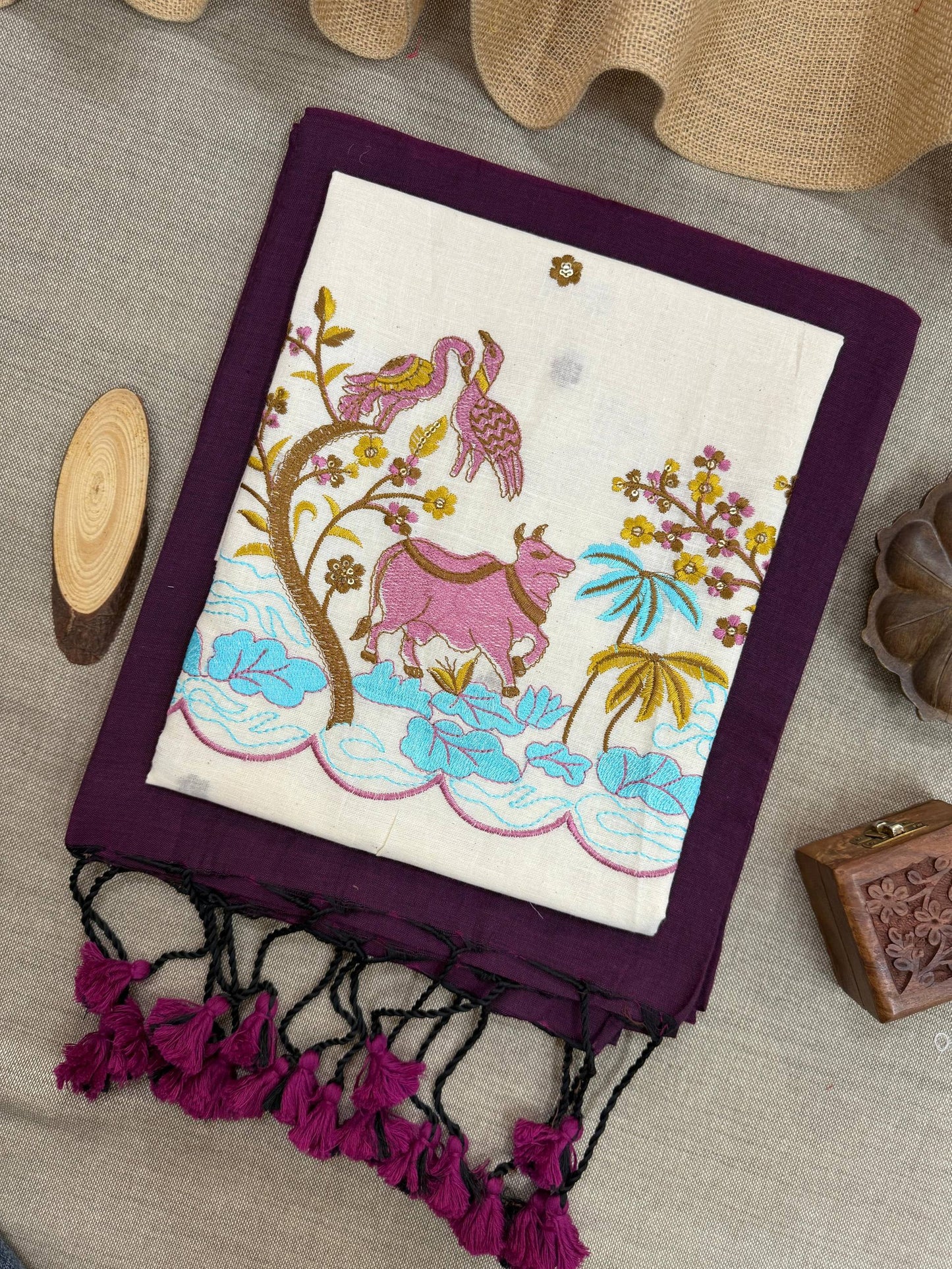 WINE HANDLOOM COTTON SAREE WITH EMBROIDERY WORK BLOUSE