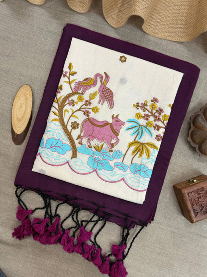 WINE HANDLOOM COTTON SAREE WITH EMBROIDERY WORK BLOUSE