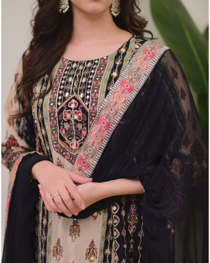 Elegant Black & Beige Printed Model Satin Suit Set with Fancy Mirror Work