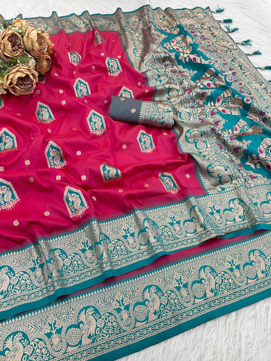 Royal Bright Pink Silk Saree with Peacock Green Pallu