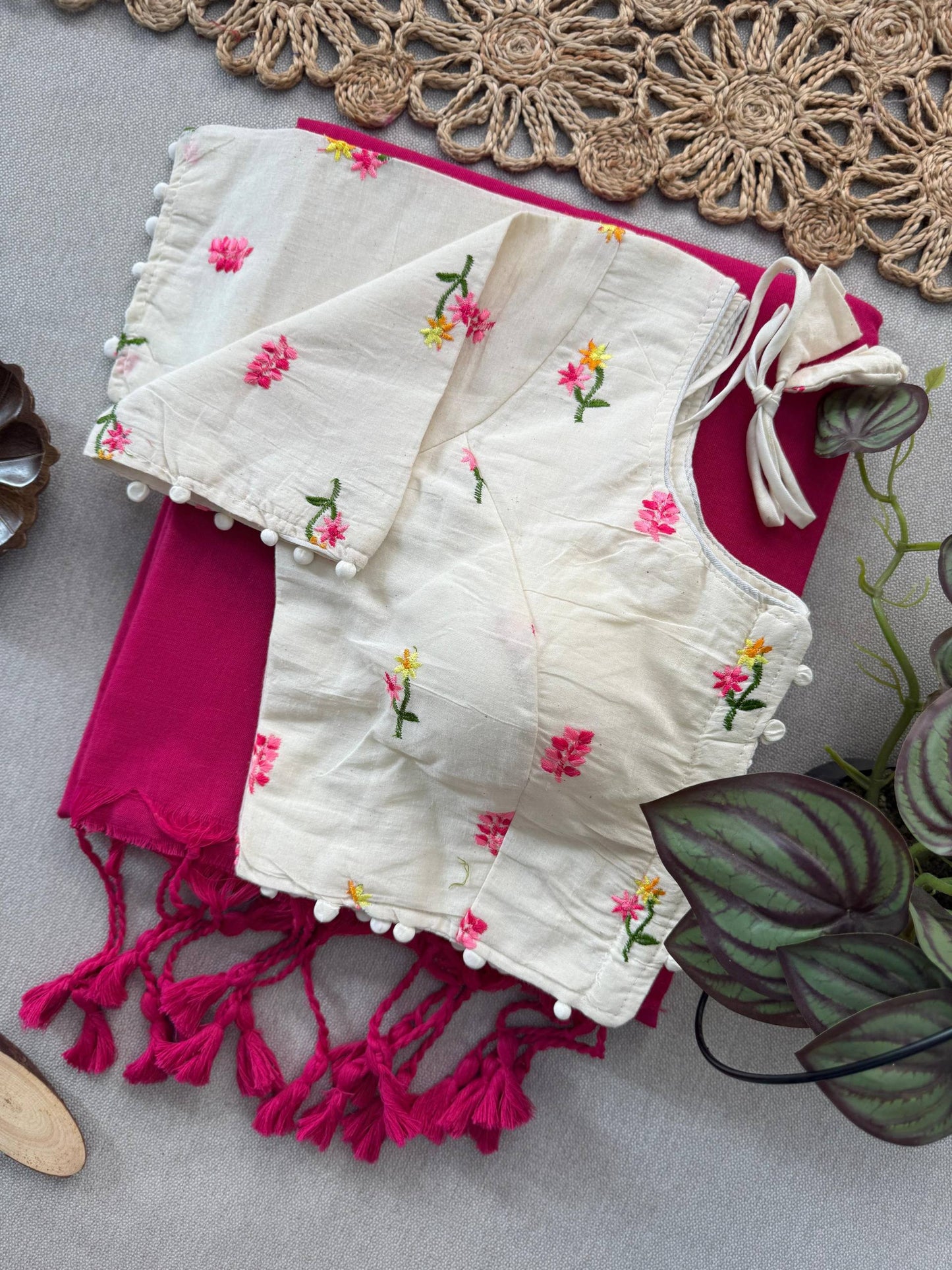 Baby Pink Handloom Cotton Saree With Embroidery Stitched Blouse