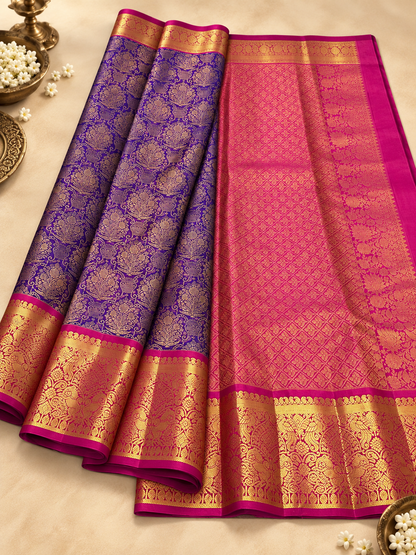 Royal Purple Pure Kanjivaram Silk Saree with Heavy Zari Border