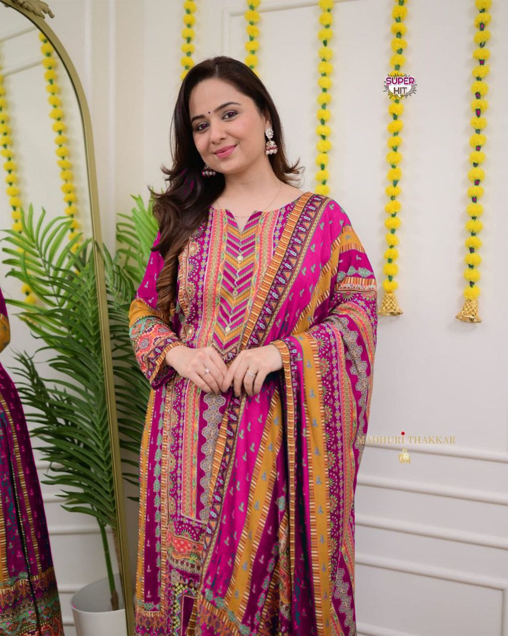 Stylish Pink Printed Muslin Suit Set with Chevron Embroidered Yoke
