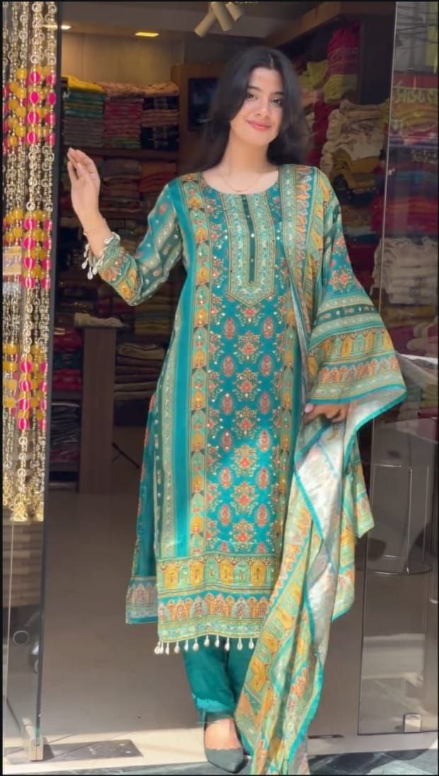 Elegant Teal Printed Chinon Suit Set with Fancy Mirror Work
