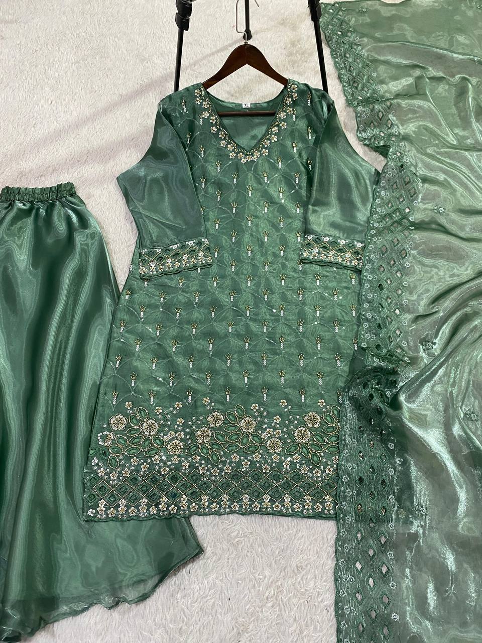 Pastel Green Fendy Silk Sharara Suit Set with Sequence Embroidery Work