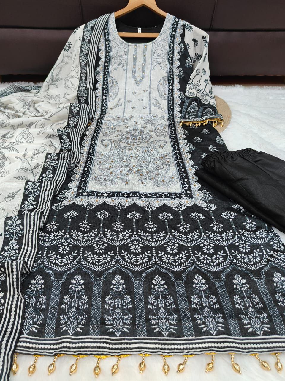 Premium Black and White Chinon Silk Salwar Suit with Premium Diamond Hand Work