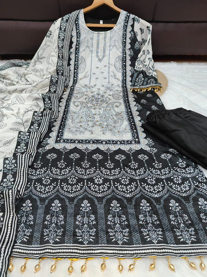 Premium Black and White Chinon Silk Salwar Suit with Premium Diamond Hand Work