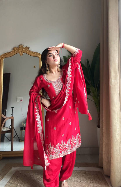 Ruby Red Chinon Silk Embroidered Salwar Suit Set with Sequin Work