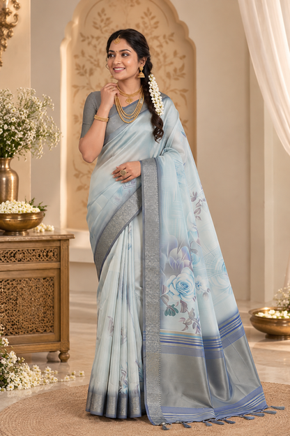 Premium Gray Soft Tissue Silk Saree with Floral Digital Prints