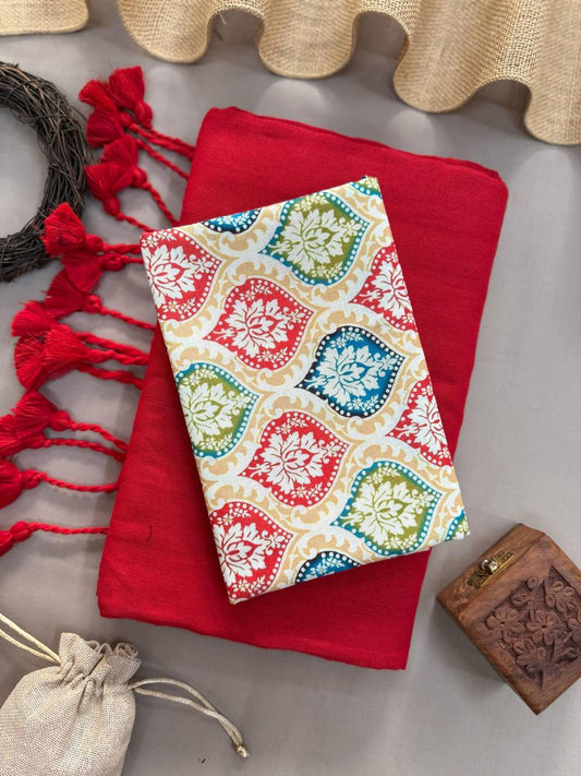 Red Handloom Cotton Saree With Red Tassels & Printed Blouse