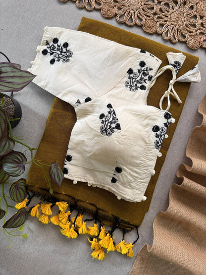 Trendy - Musterd Handloom Cotton Saree With Havy Embroidery Stitched Blouse