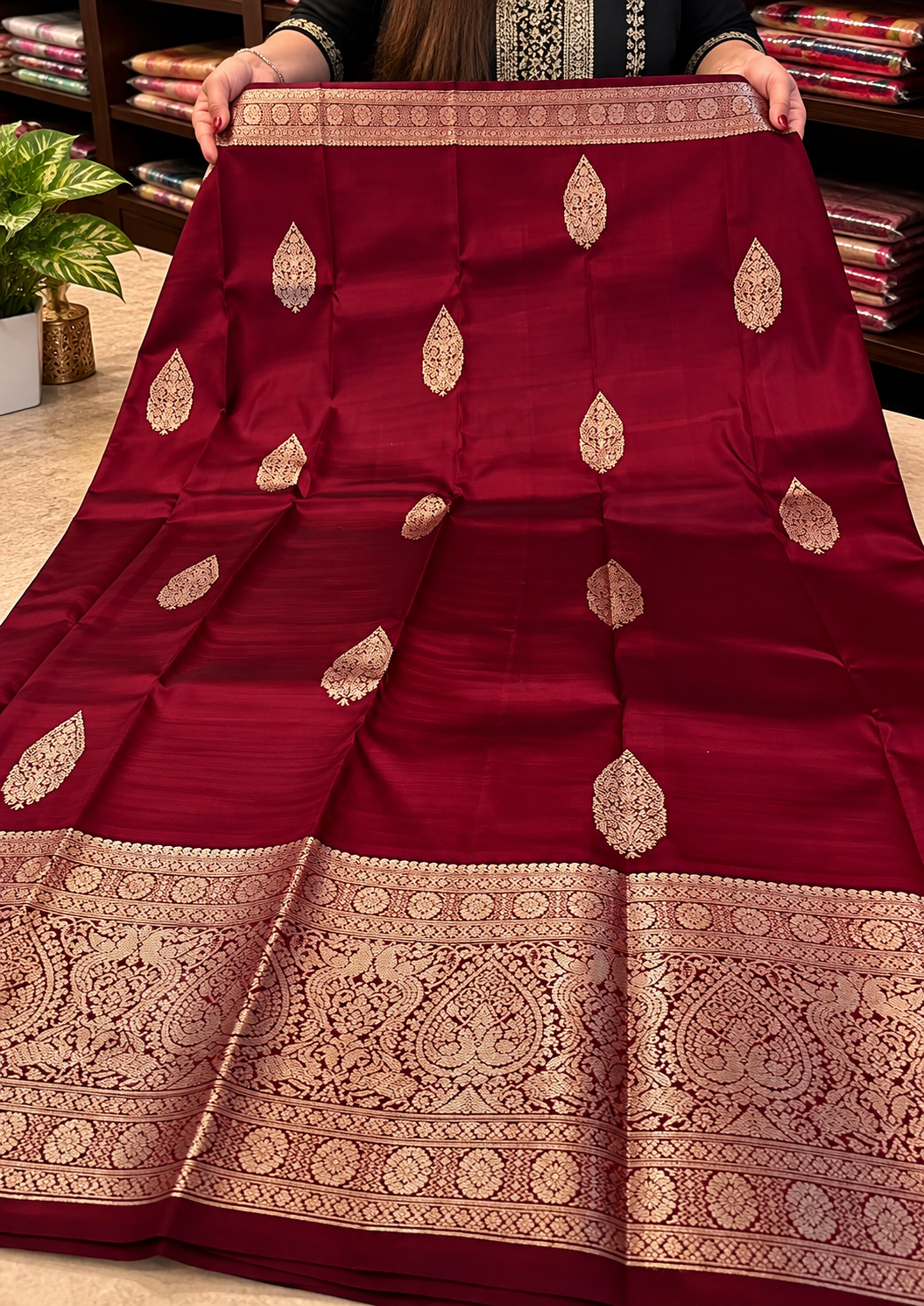 Beautiful Deep Wine Soft Banarasi Silk Saree with Rich Antique Gold Zari Border