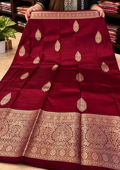 Beautiful Deep Wine Soft Banarasi Silk Saree with Rich Antique Gold Zari Border