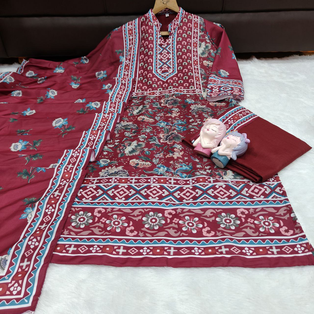 Designer Wine Soft Muslin Digital Floral Salwar Suit Set