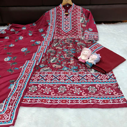 Designer Wine Soft Muslin Digital Floral Salwar Suit Set