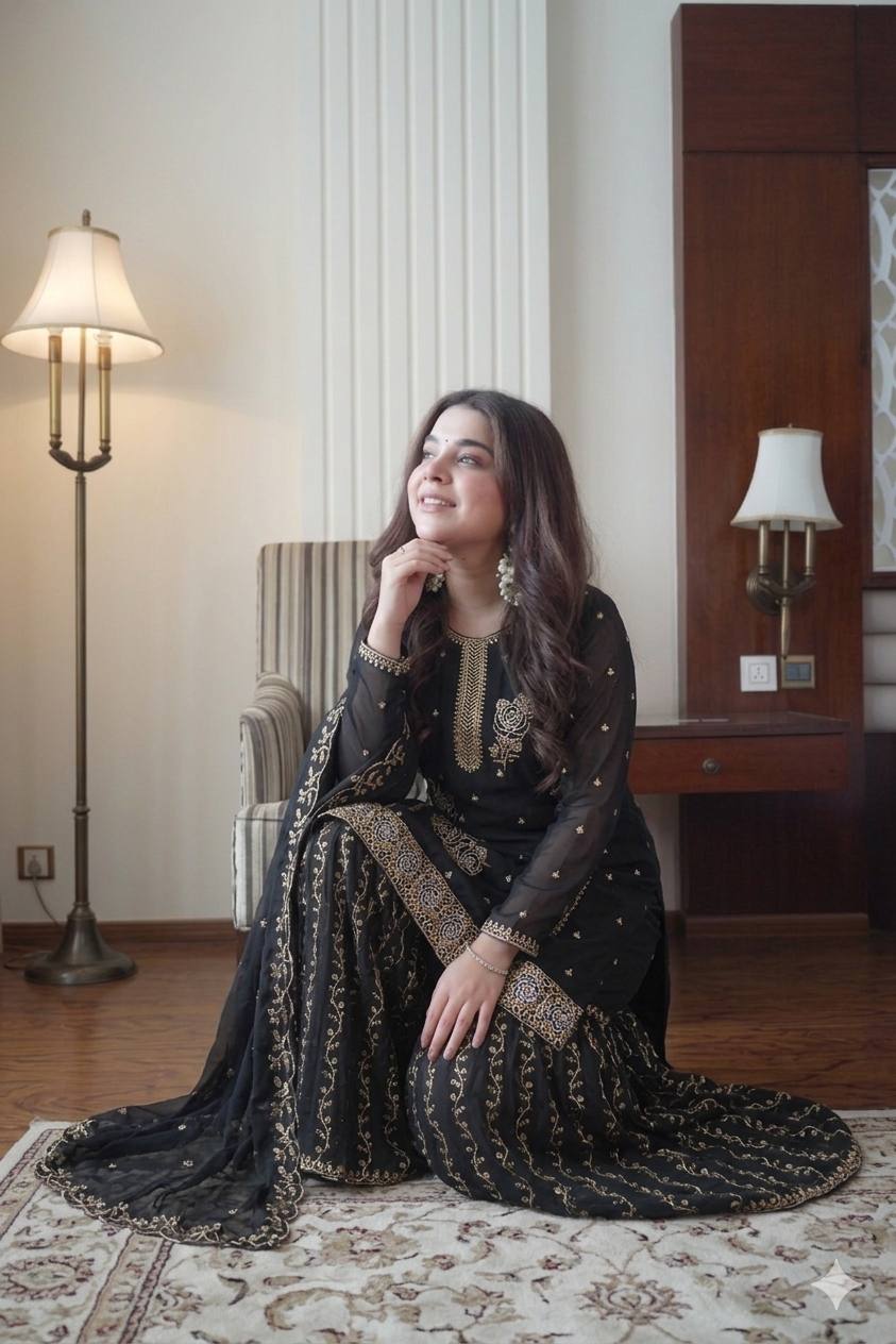 Premium Black Fox Georgette Sharara Suit with Sequins Embroidery Work