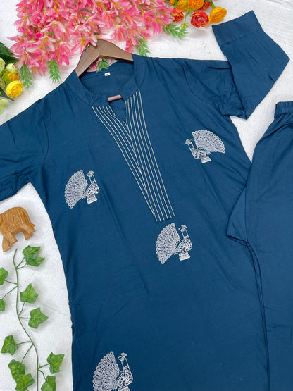Elegant Indigo Blue Voile Cotton A-Line Kurta Set with Peacock Thread Embroidery