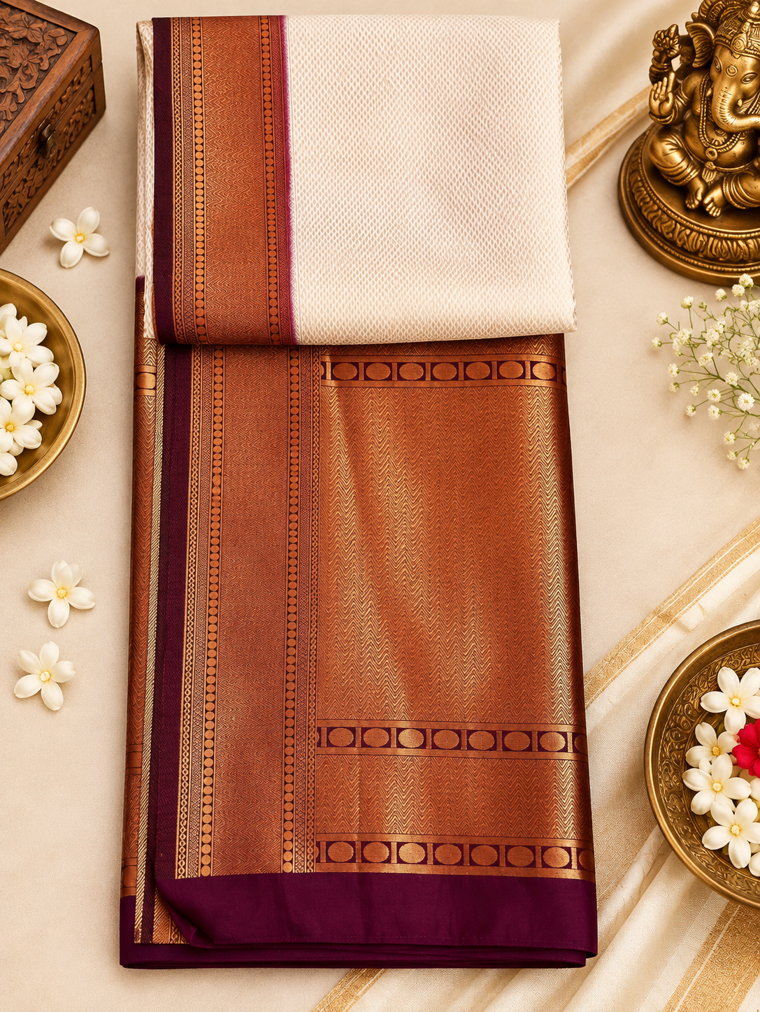 Elegant Cream & Maroon Soft Banarasi Silk Festive Saree