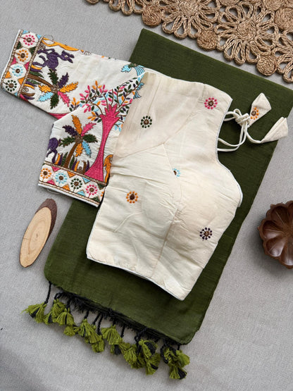 Dharma Exclusive - Green Handloom Cotton Saree With Havy Embroidery Stitched Blouse