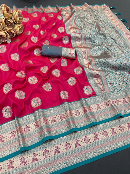 Royal Bright Pink Silk Saree with Teal Zari Border for Women
