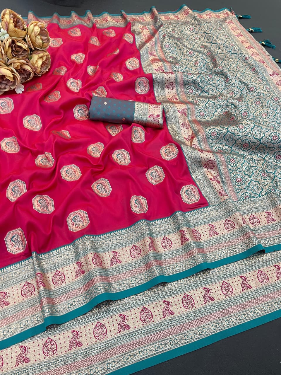 Royal Bright Pink Silk Saree with Teal Zari Border for Women