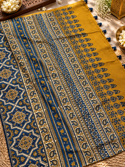Elegant Cream & Mustard Yellow Floral Hand Block Printed Modal Silk Saree