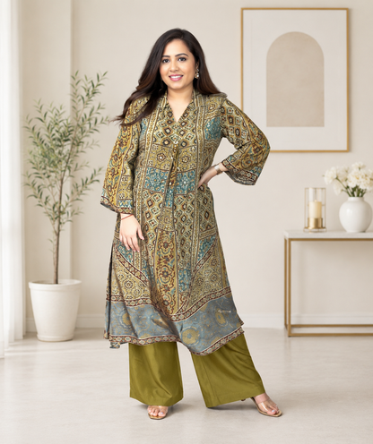 Very Beautiful Natural Crepe Printed Suit Set with A-Line Kurta