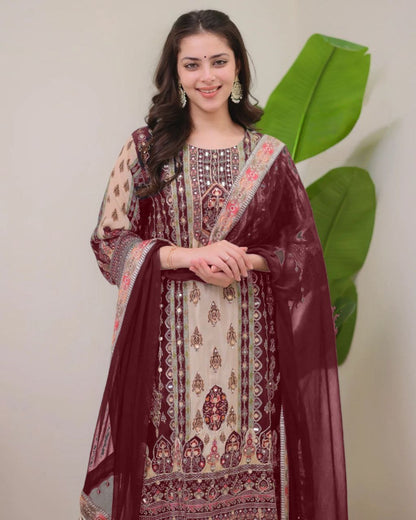 Designer Wine & Beige Shimmer Suit Set with Fancy Mirror Work