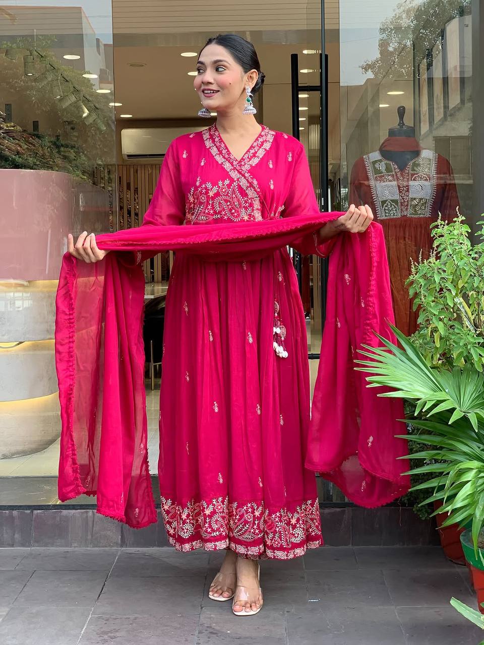 Premium Rani Pink Roman Silk Festive Angrakha Suit Set with Dupatta