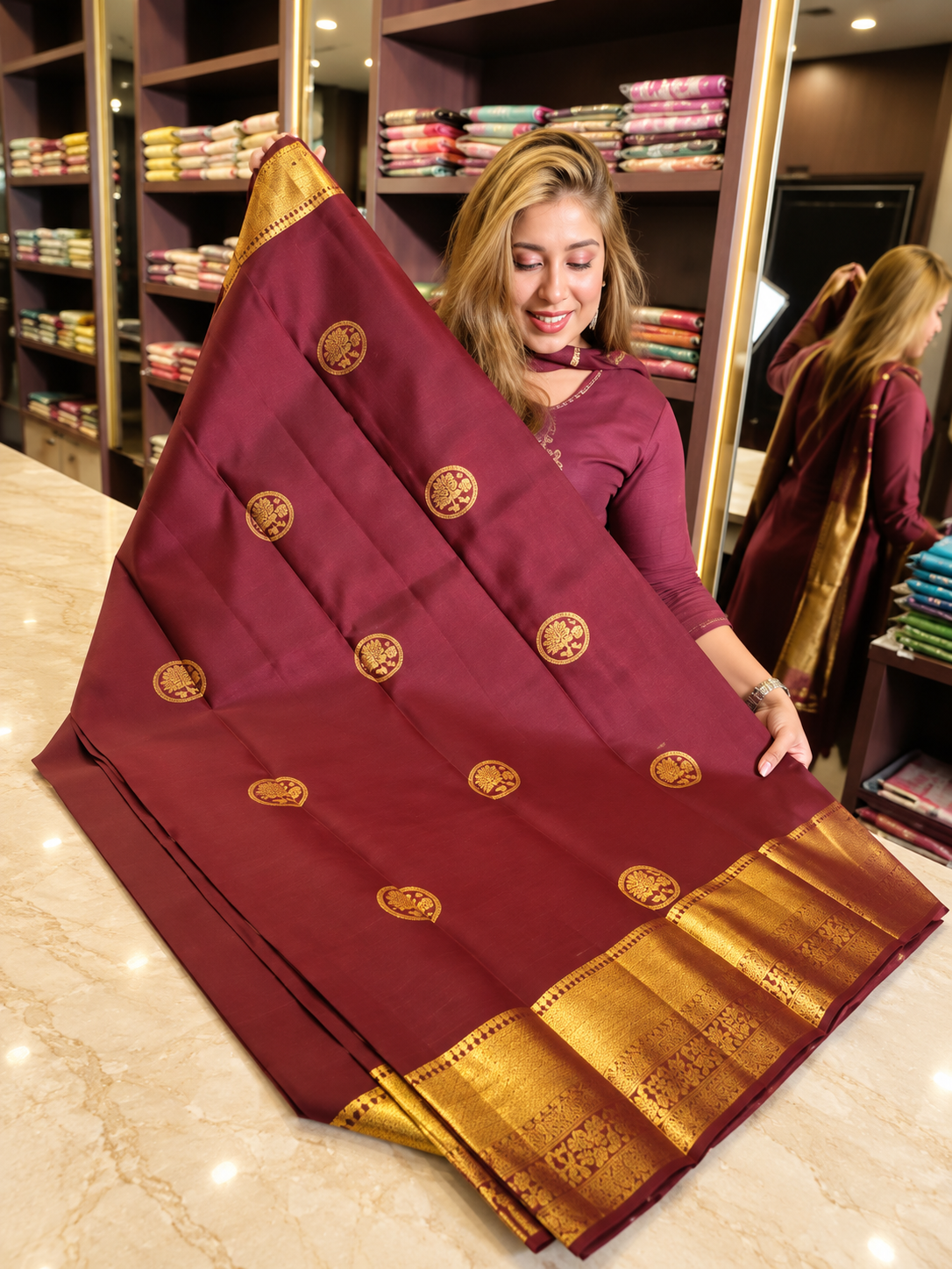 Beautiful Maroon Soft Banarasi Silk Saree with Traditional Floral Medallions