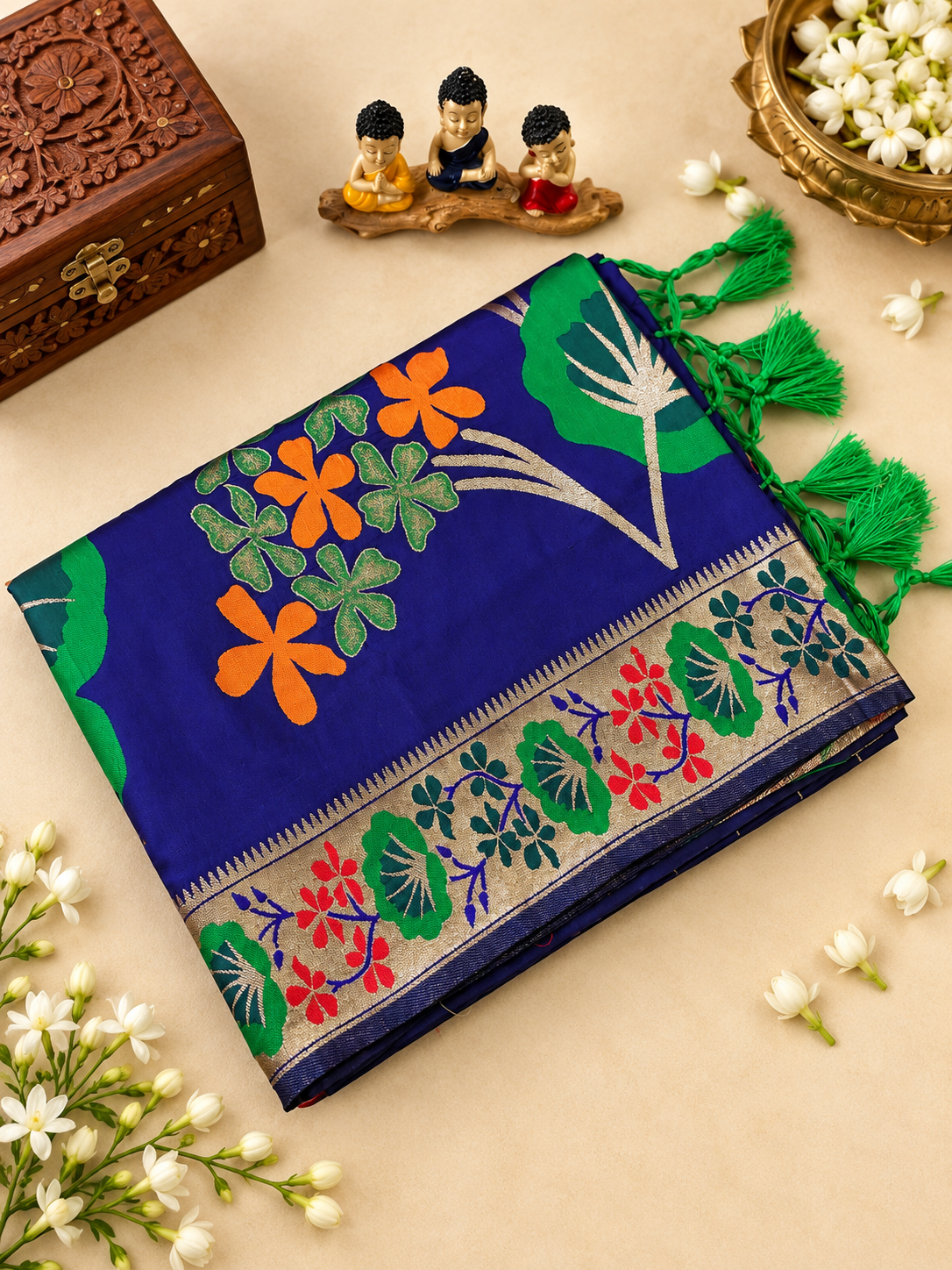 Luxury Royal Blue Soft Silk Saree with Floral Weaving and Tassels