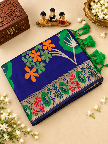 Luxury Royal Blue Soft Silk Saree with Floral Weaving and Tassels