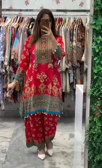 Exclusive Designer Red Malai Satin Co-Ord Set With Fancy Mirror Work